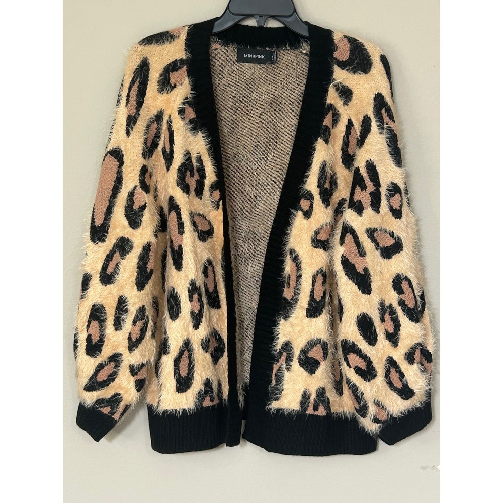 Minkpink Leopard Print Fuzzy Eyelash Knit Open Front Cardigan Black Tan S/M